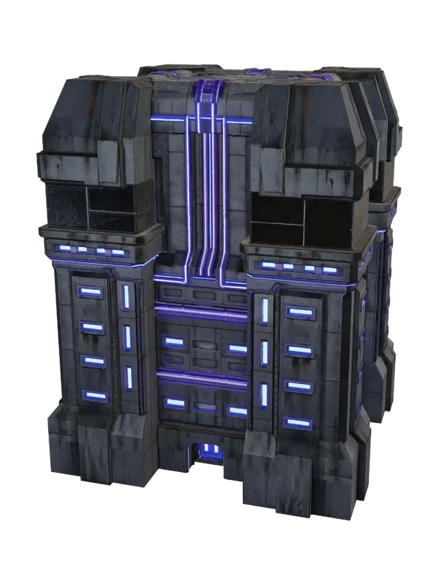 3D model for A towering cyberpunk palace, a brutalist monument of pitted durasteel and synth-concrete, sharply angular and imposing. Its immense facade is crisscrossed by glowing neon conduits and recessed plasma windows, casting electric blues and purples. Grimy metallic textures contrast with sleek, polished black surfaces. The structure exudes a cold, formidable grandeur, blending industrial grit with opulent Star Wars-era technology.