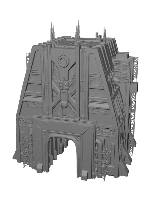 3D model for A towering cyberpunk palace, a brutalist monument of pitted durasteel and synth-concrete, sharply angular and imposing. Its immense facade is crisscrossed by glowing neon conduits and recessed plasma windows, casting electric blues and purples. Grimy metallic textures contrast with sleek, polished black surfaces. The structure exudes a cold, formidable grandeur, blending industrial grit with opulent Star Wars-era technology.