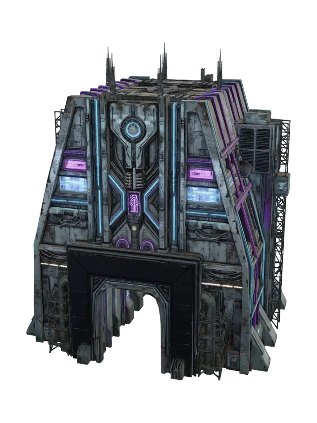3D model for A towering cyberpunk palace, a brutalist monument of pitted durasteel and synth-concrete, sharply angular and imposing. Its immense facade is crisscrossed by glowing neon conduits and recessed plasma windows, casting electric blues and purples. Grimy metallic textures contrast with sleek, polished black surfaces. The structure exudes a cold, formidable grandeur, blending industrial grit with opulent Star Wars-era technology.