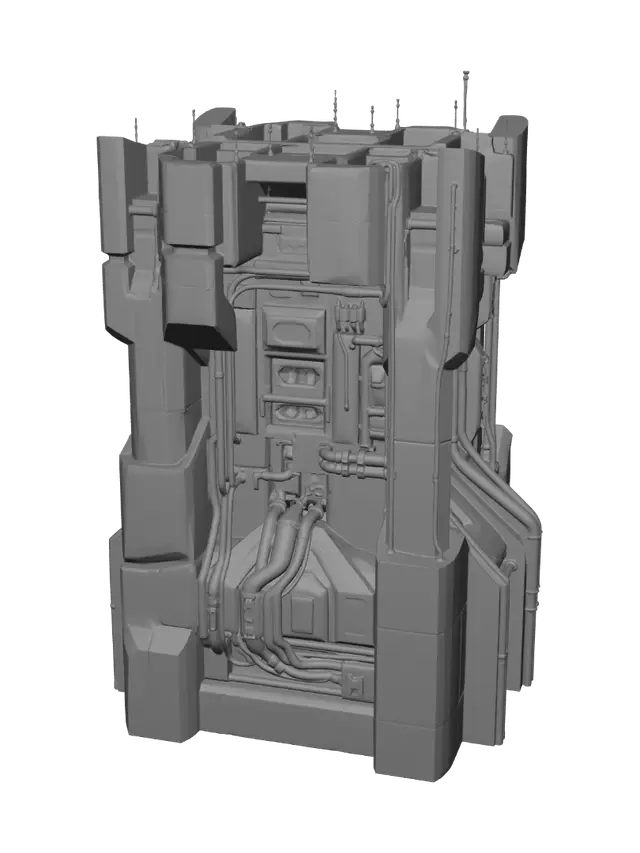 3D model for A towering cyberpunk palace, a brutalist monument of pitted durasteel and synth-concrete, sharply angular and imposing. Its immense facade is crisscrossed by glowing neon conduits and recessed plasma windows, casting electric blues and purples. Epic jet black metallic textures contrast with sleek, polished black surfaces. The structure exudes a cold, formidable grandeur, blending industrial grit with opulent and imposing science fiction technology.