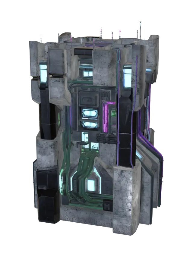 3D model for A towering cyberpunk palace, a brutalist monument of pitted durasteel and synth-concrete, sharply angular and imposing. Its immense facade is crisscrossed by glowing neon conduits and recessed plasma windows, casting electric blues and purples. Epic jet black metallic textures contrast with sleek, polished black surfaces. The structure exudes a cold, formidable grandeur, blending industrial grit with opulent and imposing science fiction technology.