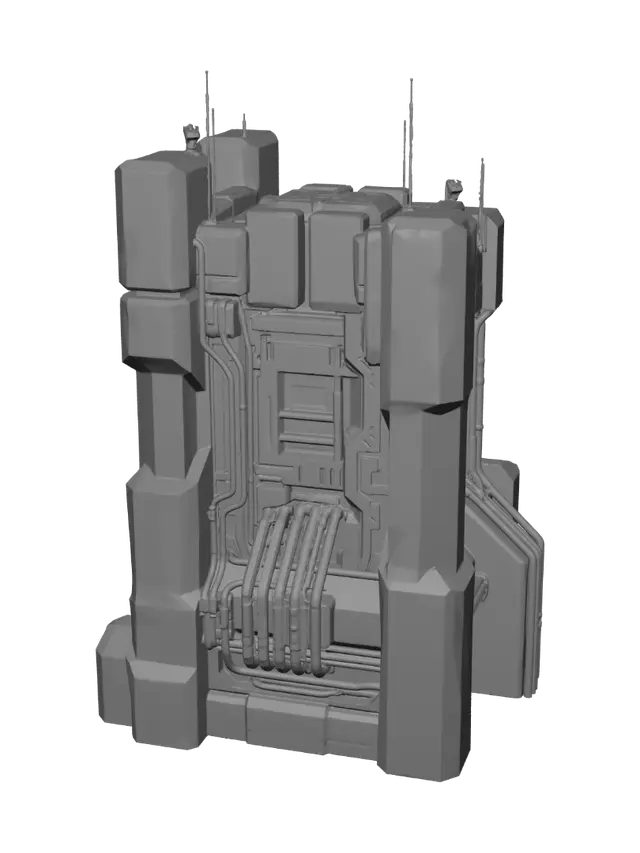 3D model for A towering cyberpunk palace, a brutalist monument of pitted durasteel and synth-concrete, sharply angular and imposing. Its immense facade is crisscrossed by glowing neon conduits and recessed plasma windows, casting electric blues and purples. Epic jet black metallic textures contrast with sleek, polished black surfaces. The structure exudes a cold, formidable grandeur, blending industrial grit with opulent and imposing science fiction technology.