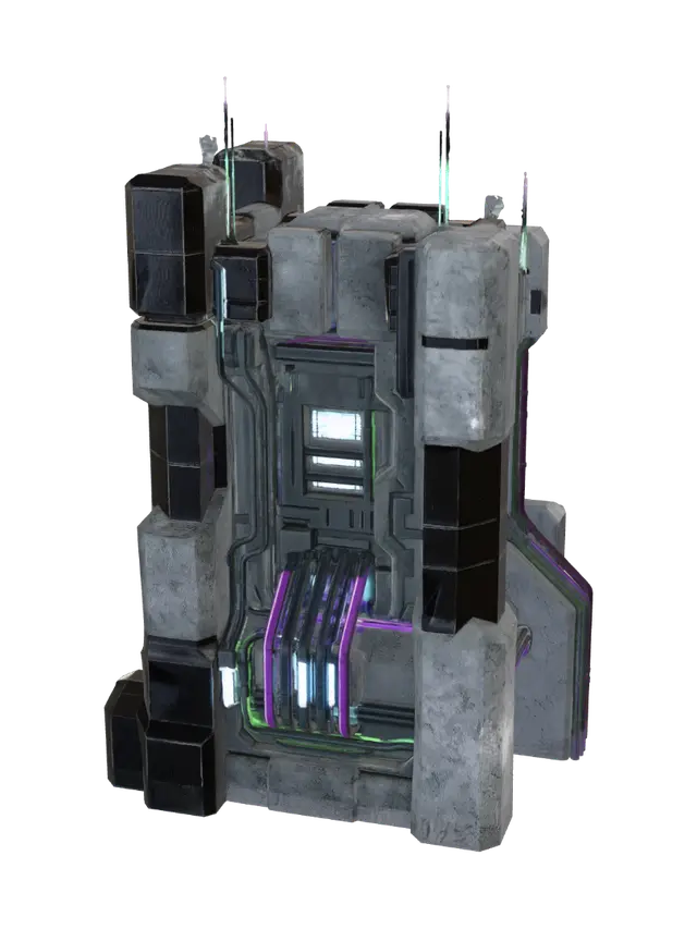 3D model for A towering cyberpunk palace, a brutalist monument of pitted durasteel and synth-concrete, sharply angular and imposing. Its immense facade is crisscrossed by glowing neon conduits and recessed plasma windows, casting electric blues and purples. Epic jet black metallic textures contrast with sleek, polished black surfaces. The structure exudes a cold, formidable grandeur, blending industrial grit with opulent and imposing science fiction technology.