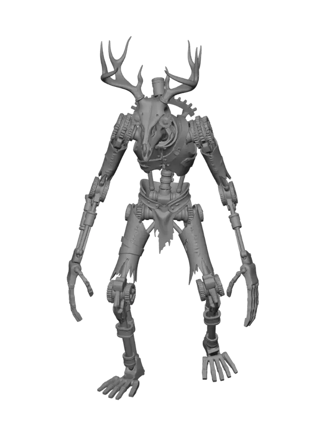 3D model for A terrifying steampunk wendigo, a gaunt, skeletal creature constructed from tarnished brass, dark steel, and worn leather. Its spindly limbs feature exposed clockwork mechanisms and piston-driven joints, emanating wisps of steam. A deer-like skull, adorned with intricate copper antlers and glowing, gear-filled eyes, completes its menacing form, imparting a cold, metallic, yet organically horrifying tactile presence.
