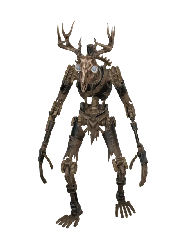 3D model for A terrifying steampunk wendigo, a gaunt, skeletal creature constructed from tarnished brass, dark steel, and worn leather. Its spindly limbs feature exposed clockwork mechanisms and piston-driven joints, emanating wisps of steam. A deer-like skull, adorned with intricate copper antlers and glowing, gear-filled eyes, completes its menacing form, imparting a cold, metallic, yet organically horrifying tactile presence.