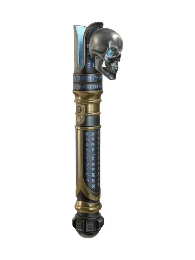 a long handled, intricately detailed lightsaber hilt with glowing ruins set atop… 3D model, vytvořený pomocí AI