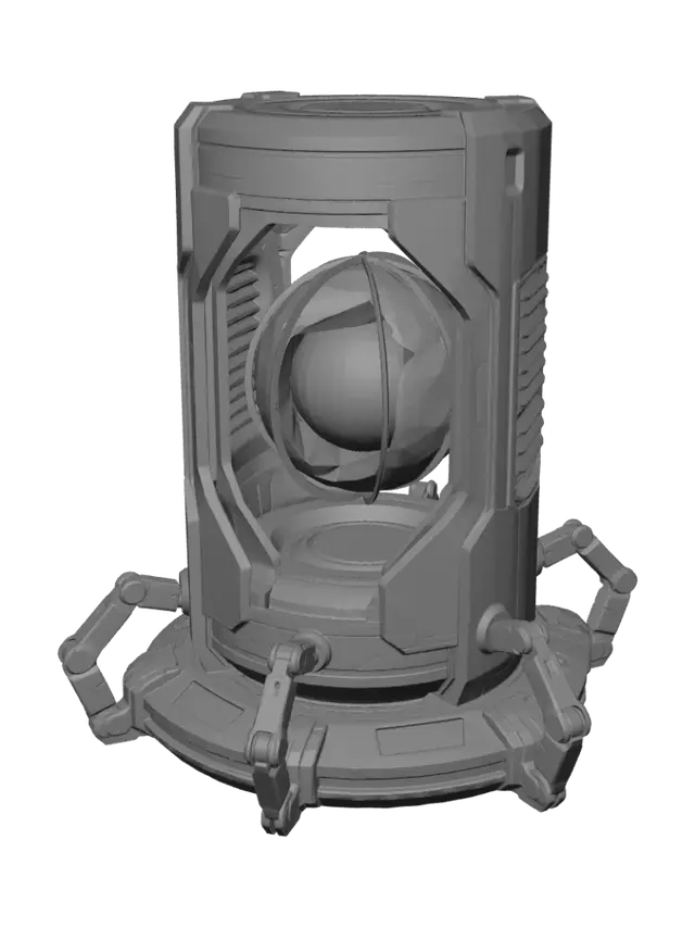 3D model for A futuristic energy core device, cylindrical and compact, with a central glowing blue orb encased in transparent crystalline shells. The outer surface features sleek metallic panels, subtle engraved circuitry, and evenly spaced vents emitting soft light. Four symmetrical support arms extend from the base, each ending in articulated grips. The device rests on a circular platform with illuminated controls. The design is clean, balanced, and highly detailed, in a neutral gray-blue color palette, viewed from a three-quarters angle against a plain background.