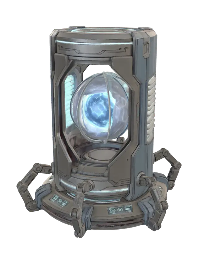 3D model for A futuristic energy core device, cylindrical and compact, with a central glowing blue orb encased in transparent crystalline shells. The outer surface features sleek metallic panels, subtle engraved circuitry, and evenly spaced vents emitting soft light. Four symmetrical support arms extend from the base, each ending in articulated grips. The device rests on a circular platform with illuminated controls. The design is clean, balanced, and highly detailed, in a neutral gray-blue color palette, viewed from a three-quarters angle against a plain background.