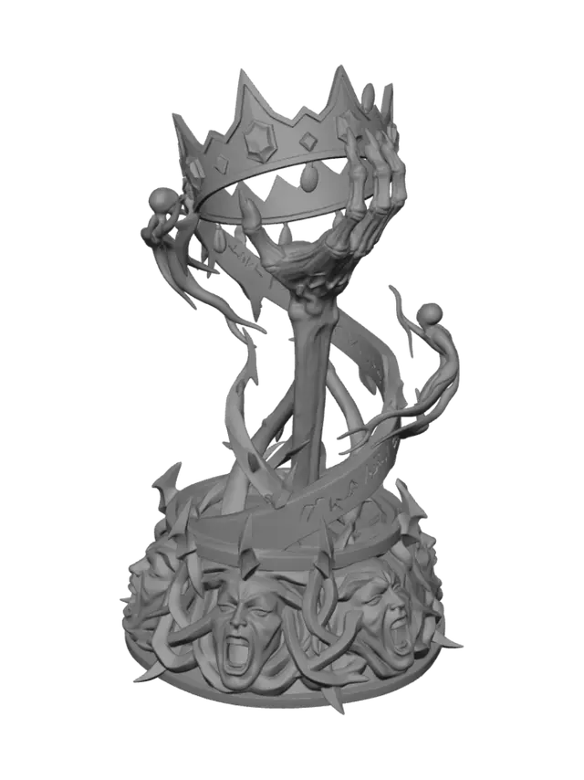 3D model for A nightmarish victory trophy stands tall, forged from twisted dark metal and adorned with jagged edges. The base is ringed with sculpted, anguished faces frozen in silent screams. Rising from the center, a skeletal hand clutches a shattered crown dripping with crimson gemstones that resemble drops of blood. Faint ghostly wisps swirl around the trophy, and sinister runes are etched along its surface. The design is macabre, imposing, and exudes an aura of dread and unsettling triumph.