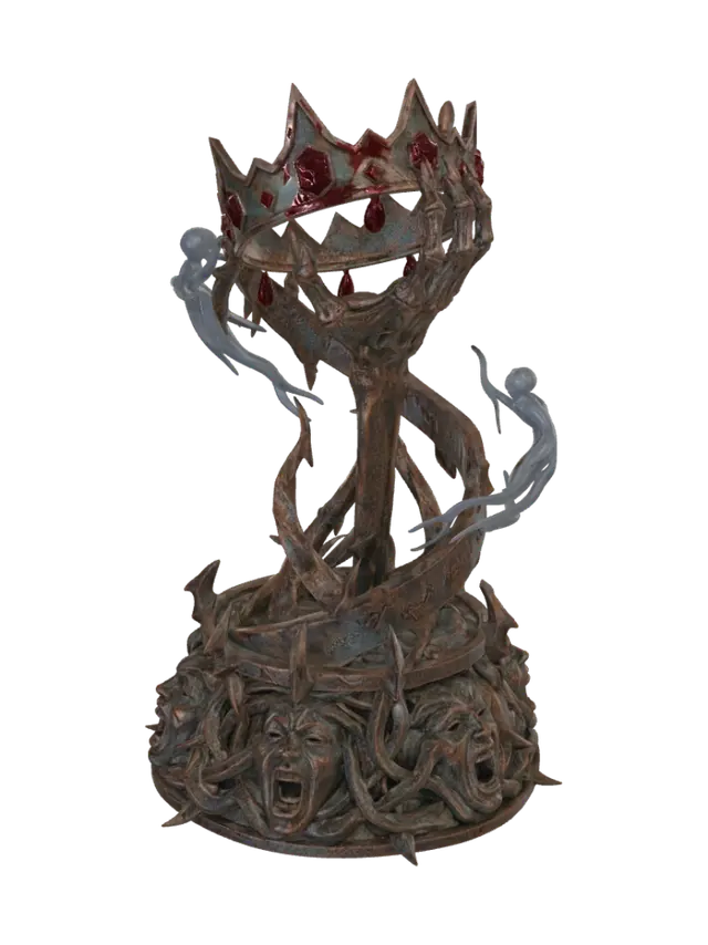 3D model for A nightmarish victory trophy stands tall, forged from twisted dark metal and adorned with jagged edges. The base is ringed with sculpted, anguished faces frozen in silent screams. Rising from the center, a skeletal hand clutches a shattered crown dripping with crimson gemstones that resemble drops of blood. Faint ghostly wisps swirl around the trophy, and sinister runes are etched along its surface. The design is macabre, imposing, and exudes an aura of dread and unsettling triumph.