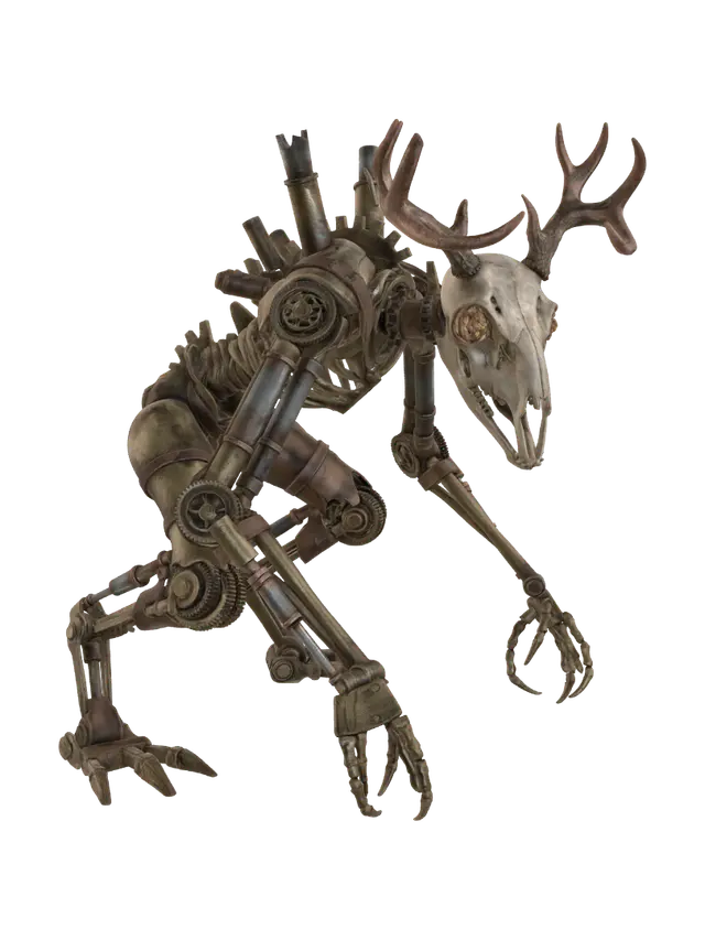 3D model for A terrifying steampunk wendigo, a gaunt, skeletal creature constructed from tarnished brass, dark steel, and worn leather. Its spindly limbs feature exposed clockwork mechanisms and piston-driven joints, emanating wisps of steam. A deer-like skull, adorned with intricate copper antlers and glowing, gear-filled eyes, completes its menacing form, imparting a cold, metallic, yet organically horrifying tactile presence.