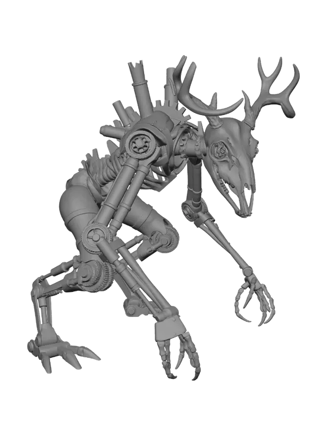 3D model for A terrifying steampunk wendigo, a gaunt, skeletal creature constructed from tarnished brass, dark steel, and worn leather. Its spindly limbs feature exposed clockwork mechanisms and piston-driven joints, emanating wisps of steam. A deer-like skull, adorned with intricate copper antlers and glowing, gear-filled eyes, completes its menacing form, imparting a cold, metallic, yet organically horrifying tactile presence.