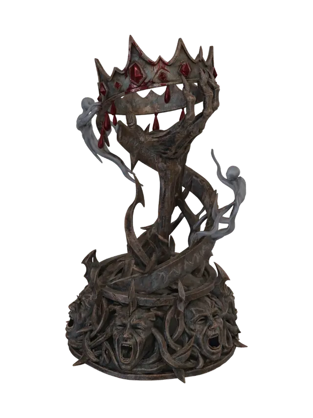3D model for A nightmarish victory trophy stands tall, forged from twisted dark metal and adorned with jagged edges. The base is ringed with sculpted, anguished faces frozen in silent screams. Rising from the center, a skeletal hand clutches a shattered crown dripping with crimson gemstones that resemble drops of blood. Faint ghostly wisps swirl around the trophy, and sinister runes are etched along its surface. The design is macabre, imposing, and exudes an aura of dread and unsettling triumph.