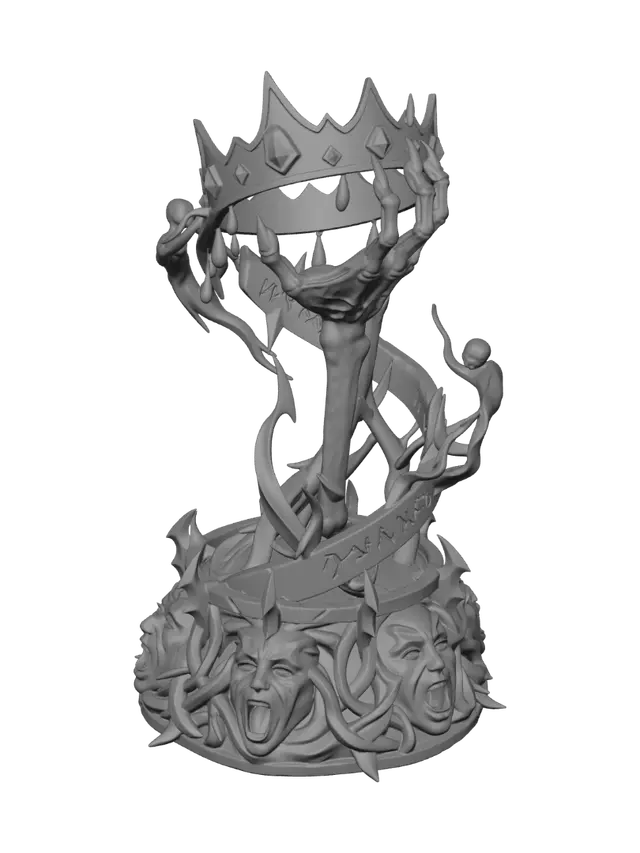 3D model for A nightmarish victory trophy stands tall, forged from twisted dark metal and adorned with jagged edges. The base is ringed with sculpted, anguished faces frozen in silent screams. Rising from the center, a skeletal hand clutches a shattered crown dripping with crimson gemstones that resemble drops of blood. Faint ghostly wisps swirl around the trophy, and sinister runes are etched along its surface. The design is macabre, imposing, and exudes an aura of dread and unsettling triumph.