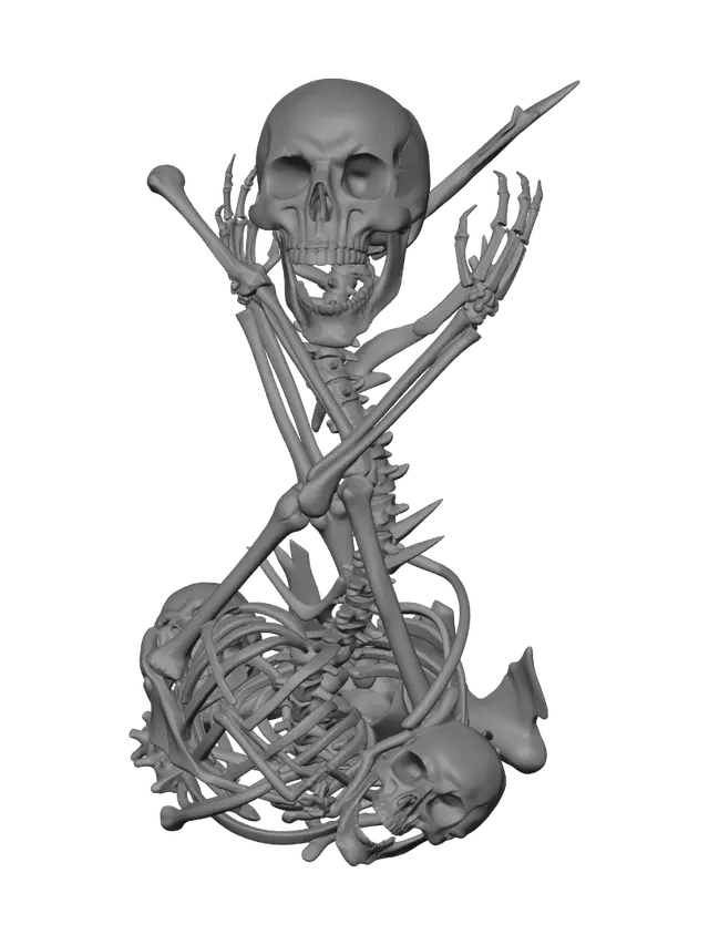 3D model for A terrifying victory trophy constructed entirely from interlocked, bleached bones and grinning skulls. The base is formed by a tangled nest of rib bones and vertebrae, while elongated skeletal arms spiral upward, entwining around each other. At the top, a large, cracked skull with hollow eye sockets glares outward, its jaw wide in a silent scream. Sharp teeth, finger bones, and fragments of spines jut from the structure, creating a jagged, chaotic silhouette. Faint wisps of eerie, ghostly mist curl through the gaps, and the entire trophy radiates a chilling, nightmarish presence, an unsettling monument to victory at a terrible cost.
