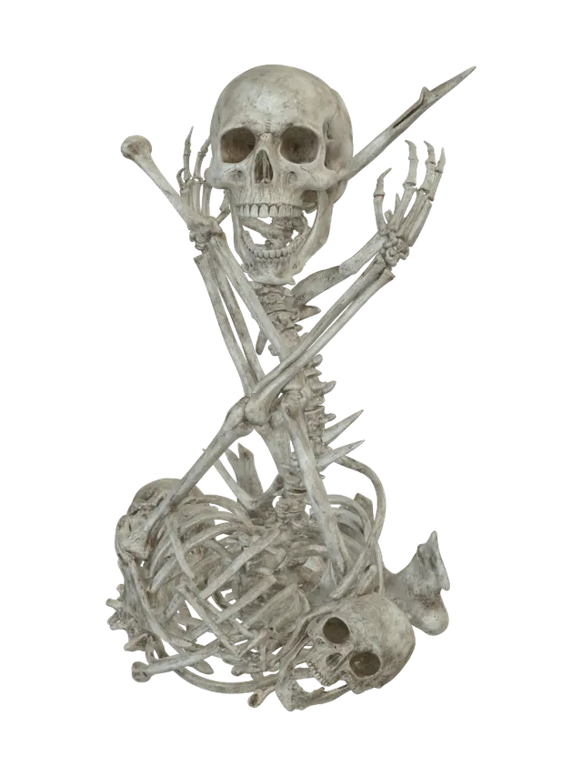 3D model for A terrifying victory trophy constructed entirely from interlocked, bleached bones and grinning skulls. The base is formed by a tangled nest of rib bones and vertebrae, while elongated skeletal arms spiral upward, entwining around each other. At the top, a large, cracked skull with hollow eye sockets glares outward, its jaw wide in a silent scream. Sharp teeth, finger bones, and fragments of spines jut from the structure, creating a jagged, chaotic silhouette. Faint wisps of eerie, ghostly mist curl through the gaps, and the entire trophy radiates a chilling, nightmarish presence, an unsettling monument to victory at a terrible cost.
