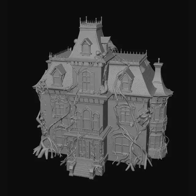 3D model for A hyperrealistic cinematic still of a derelict, overgrown mansion stands silhouetted against a desolate, alien sky, its once grand architecture now crumbling and reclaimed by strange, bioluminescent flora.