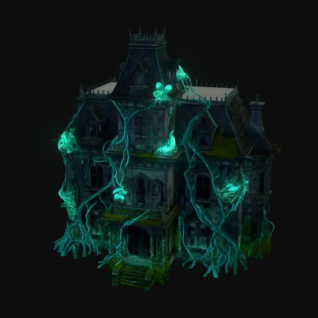 3D model for A hyperrealistic cinematic still of a derelict, overgrown mansion stands silhouetted against a desolate, alien sky, its once grand architecture now crumbling and reclaimed by strange, bioluminescent flora.