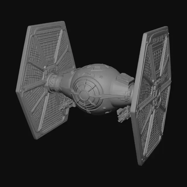 3D model for Shadow Fang TIE Fighter"

A sleek, menacing reimagining of the classic Imperial TIE Fighter with these distinguishing features:

Hull: Angular, faceted cockpit pod with sharp geometric panels instead of the classic sphere — almost like a cut gemstone wrapped in black durasteel
Wings: Asymmetric hexagonal solar panels with a fractured, lattice-like cutout pattern — giving a "broken glass" aesthetic while retaining structural rigidity
Color: Matte obsidian black with faint iridescent purple trim lines tracing the panel edges
Details: Exposed conduit bundles along the wing pylons, twin ion engine exhausts with a faint blue-violet glow, and a recessed viewport visor instead of the classic round window