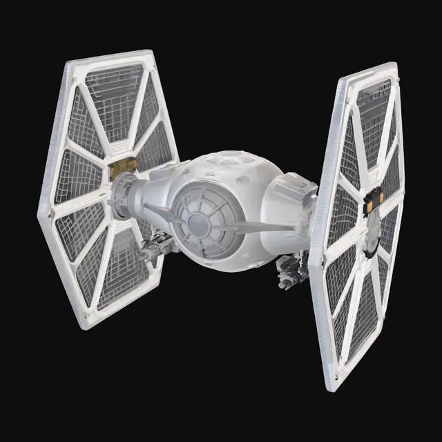 3D model for Shadow Fang TIE Fighter"

A sleek, menacing reimagining of the classic Imperial TIE Fighter with these distinguishing features:

Hull: Angular, faceted cockpit pod with sharp geometric panels instead of the classic sphere — almost like a cut gemstone wrapped in black durasteel
Wings: Asymmetric hexagonal solar panels with a fractured, lattice-like cutout pattern — giving a "broken glass" aesthetic while retaining structural rigidity
Color: Matte obsidian black with faint iridescent purple trim lines tracing the panel edges
Details: Exposed conduit bundles along the wing pylons, twin ion engine exhausts with a faint blue-violet glow, and a recessed viewport visor instead of the classic round window