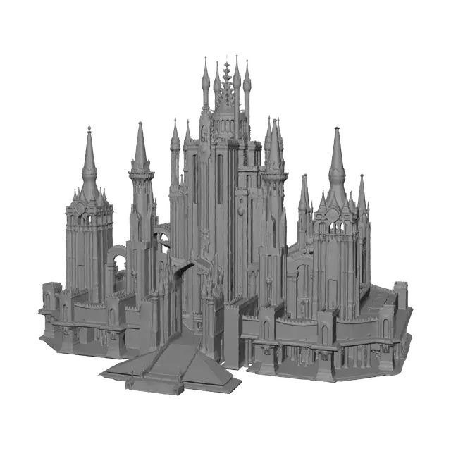 3D model for A massive, tall, science fiction imperial palace, with a pyramid-like base, adorned with gothic spires, banners, and subtle futuristic elements. Suggestion: For better 3D results, ensure that the golden statues and banners have distinct forms and are clearly separated from the building's surface, enhancing their relief.