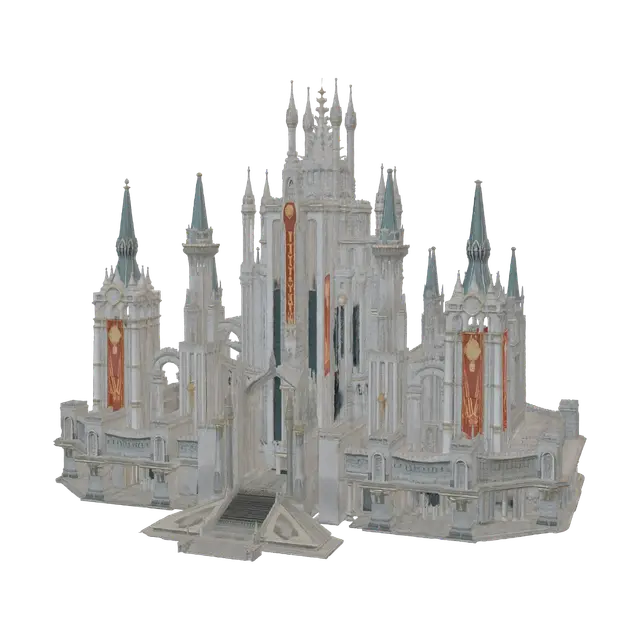 3D model for A massive, tall, science fiction imperial palace, with a pyramid-like base, adorned with gothic spires, banners, and subtle futuristic elements. Suggestion: For better 3D results, ensure that the golden statues and banners have distinct forms and are clearly separated from the building's surface, enhancing their relief.