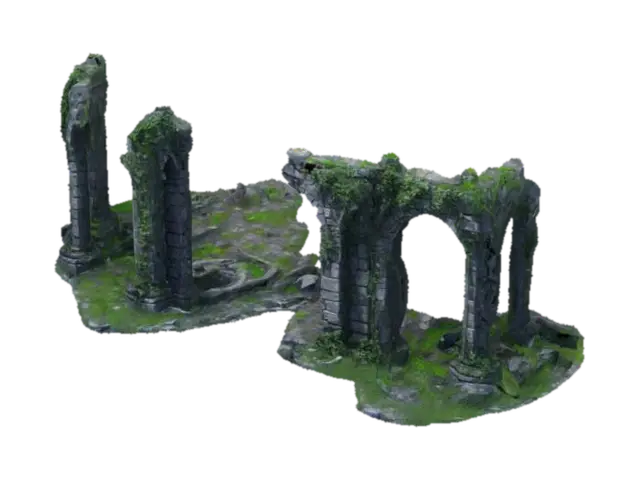dark fantasy forest stone ruins overgrown rubble 3D model, vytvořený pomocí AI