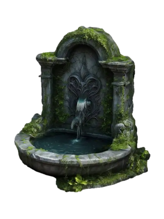 Dark fantasy decorative elven stone fountain, highly detailed, ruined and overgrown 3D model, vytvořený pomocí AI