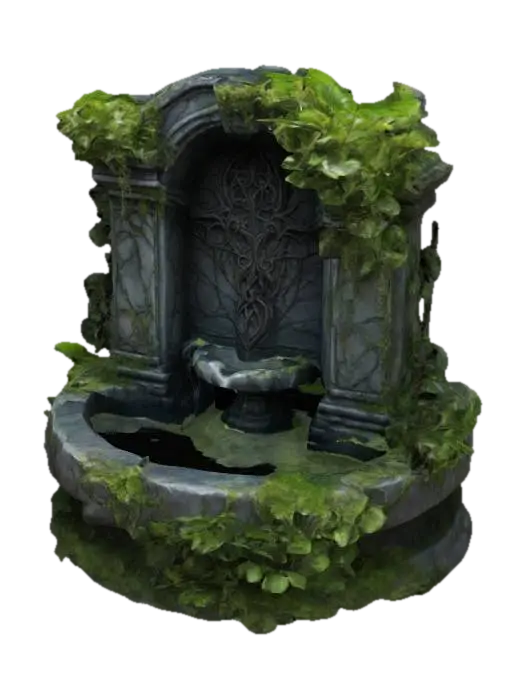 Dark fantasy decorative elven stone fountain, highly detailed, ruined and overgrown 3D model, vytvořený pomocí AI