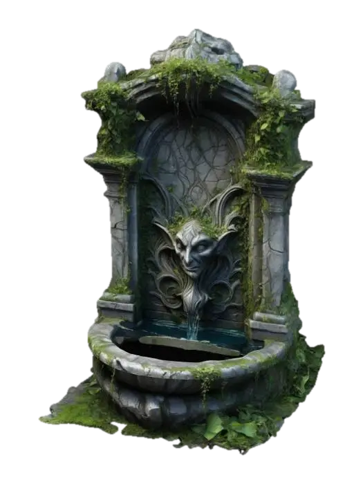 Dark fantasy decorative elven stone fountain, highly detailed, ruined and overgrown 3D model, vytvořený pomocí AI