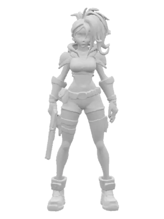 3D model for 3D stylized female action character, cartoon proportions with large eyes and exaggerated movements. Athletic body type with flexible armor, utility harness, and tech-enhanced boots. Hair in a high ponytail or side braid, equipped with a sci-fi pistol and throwing knives. Outfit includes bright colors with glowing accents and visible wear. Hand-painted or cel-shaded PBR textures, clean UVs, rigged and game-ready, optimized for Unreal Engine or Blender, ideal for action-platformer or team shooter game.