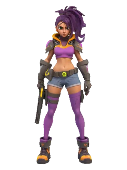 3D model for 3D stylized female action character, cartoon proportions with large eyes and exaggerated movements. Athletic body type with flexible armor, utility harness, and tech-enhanced boots. Hair in a high ponytail or side braid, equipped with a sci-fi pistol and throwing knives. Outfit includes bright colors with glowing accents and visible wear. Hand-painted or cel-shaded PBR textures, clean UVs, rigged and game-ready, optimized for Unreal Engine or Blender, ideal for action-platformer or team shooter game.