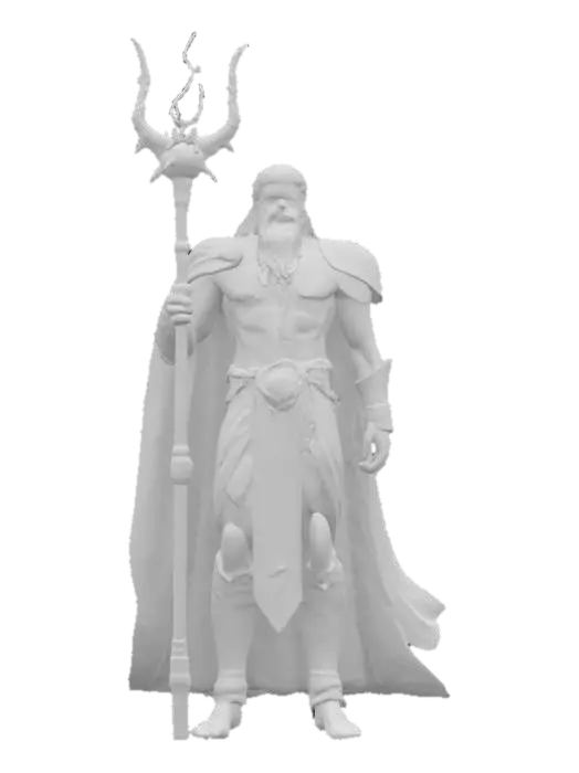 3D model for Photorealistic concept art of Poseidon, god of the sea, standing in a commanding pose on a stormy shoreline or rising from the ocean waves. He appears as a powerful, mature man with a muscular, divine physique, long flowing seaweed-like dark hair, and a majestic beard streaked with silver. His eyes glow faintly blue, reflecting the depths of the ocean. He wears ornate armor pieces made of coral, gold, and ancient bronze, partially covered by a flowing sea-blue cloak or royal tunic that whips in the wind.
In his right hand, he holds a massive trident forged from celestial metal, crackling with aquatic energy and encrusted with glowing blue runes. Around him, the sea roars—water spirals around his feet, and lightning arcs across a stormy sky.