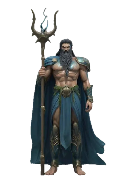 3D model for Photorealistic concept art of Poseidon, god of the sea, standing in a commanding pose on a stormy shoreline or rising from the ocean waves. He appears as a powerful, mature man with a muscular, divine physique, long flowing seaweed-like dark hair, and a majestic beard streaked with silver. His eyes glow faintly blue, reflecting the depths of the ocean. He wears ornate armor pieces made of coral, gold, and ancient bronze, partially covered by a flowing sea-blue cloak or royal tunic that whips in the wind.
In his right hand, he holds a massive trident forged from celestial metal, crackling with aquatic energy and encrusted with glowing blue runes. Around him, the sea roars—water spirals around his feet, and lightning arcs across a stormy sky.