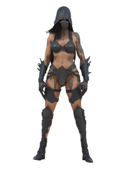 sci-fi elegant female warrior, slim muscular body, elegant tattoos all over body,… - Tattoo 3D model, vytvořený pomocí AI