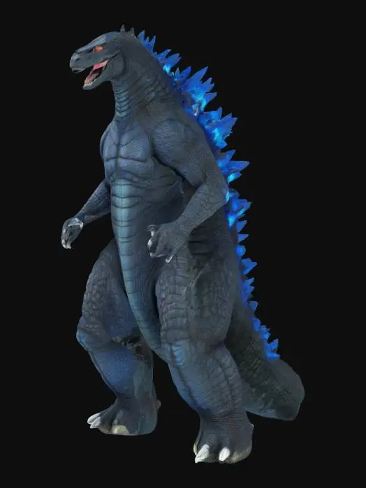 3D model for Ultra-detailed 3D model of Godzilla in action figure style. Massive, towering reptilian body with rough, scaled texture and powerful limbs. Dorsal spines are jagged and glow with inner blue light. Tail is thick and segmented, coiled dynamically. Face features sharp teeth, deep-set eyes, and roaring expression. Posed in mid-step or power stance. 8K PBR textures for scales, claws, glowing spines, and battle wear. Clean topology, watertight mesh, ideal for collectible figure or kaiju game asset. Studio lighting enhances depth, reflections, and silhouette.