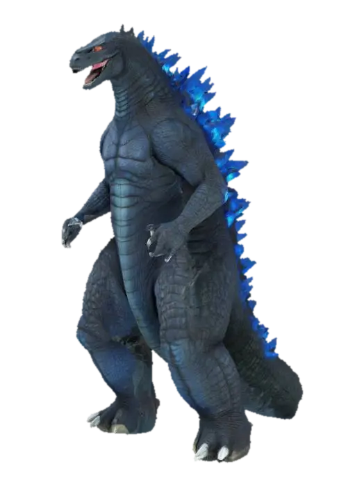 3D model for Ultra-detailed 3D model of Godzilla in action figure style. Massive, towering reptilian body with rough, scaled texture and powerful limbs. Dorsal spines are jagged and glow with inner blue light. Tail is thick and segmented, coiled dynamically. Face features sharp teeth, deep-set eyes, and roaring expression. Posed in mid-step or power stance. 8K PBR textures for scales, claws, glowing spines, and battle wear. Clean topology, watertight mesh, ideal for collectible figure or kaiju game asset. Studio lighting enhances depth, reflections, and silhouette.