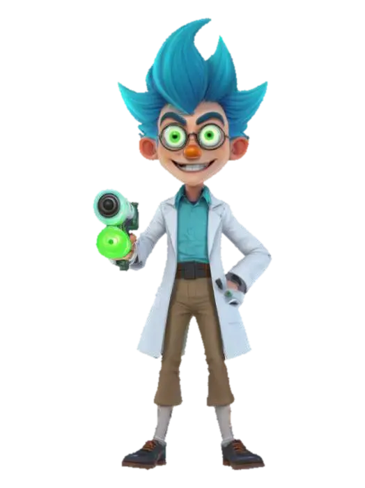 Cartoon-style illustration of a wild-eyed, spiky blue-haired scientist wearing a… - Bluehair 3D model, vytvořený pomocí AI