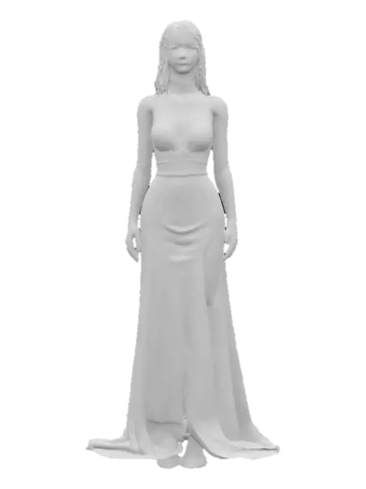 3D model for 3D photorealistic model of a blonde woman, around 30 years old, with a curvy and attractive figure, elegant posture, and confident expression. Wearing a tight, floor-length black evening gown with a plunging neckline and high slit, realistic fabric folds and shimmer. High-heeled shoes, earrings, necklace, and light makeup accentuate her formal look. Long blonde hair styled in waves or an elegant updo. High-poly model with PBR textures for skin, silk, jewelry, and makeup. Clean UVs, rigged and game-ready for Unreal Engine or Blender, ideal for cinematic or story-driven scenes.