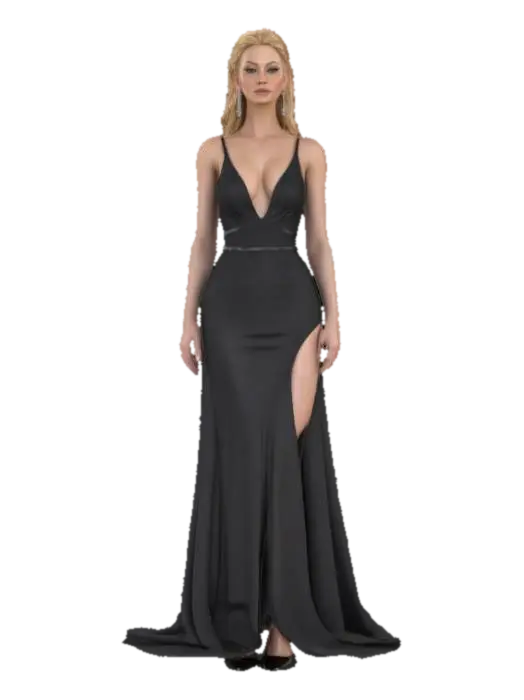 3D model for 3D photorealistic model of a blonde woman, around 30 years old, with a curvy and attractive figure, elegant posture, and confident expression. Wearing a tight, floor-length black evening gown with a plunging neckline and high slit, realistic fabric folds and shimmer. High-heeled shoes, earrings, necklace, and light makeup accentuate her formal look. Long blonde hair styled in waves or an elegant updo. High-poly model with PBR textures for skin, silk, jewelry, and makeup. Clean UVs, rigged and game-ready for Unreal Engine or Blender, ideal for cinematic or story-driven scenes.