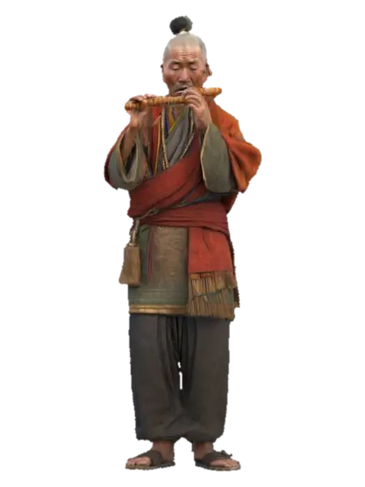 Highly detailled tibetan man that plays the flute, high details, extreme quality,… 3D model, vytvořený pomocí AI