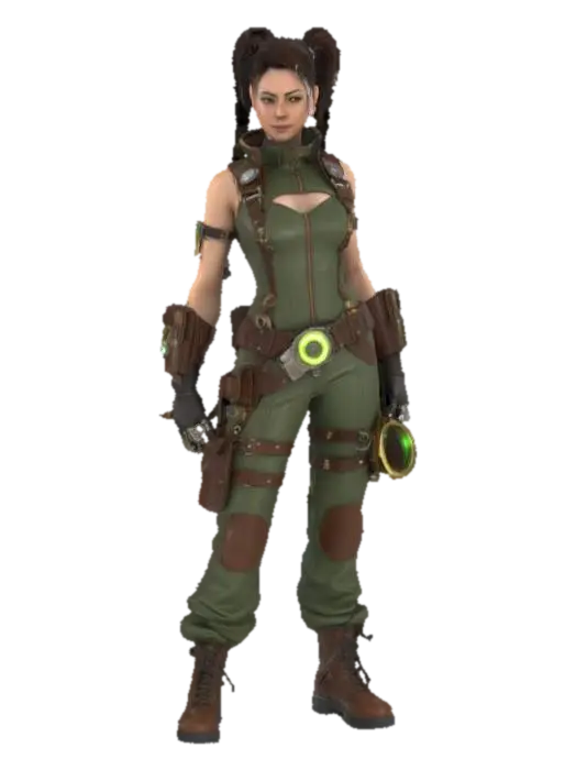 Modello 3D Hyperrealistic 3D model of a fantasy steampunk female technologist in a…, generato dall’IA