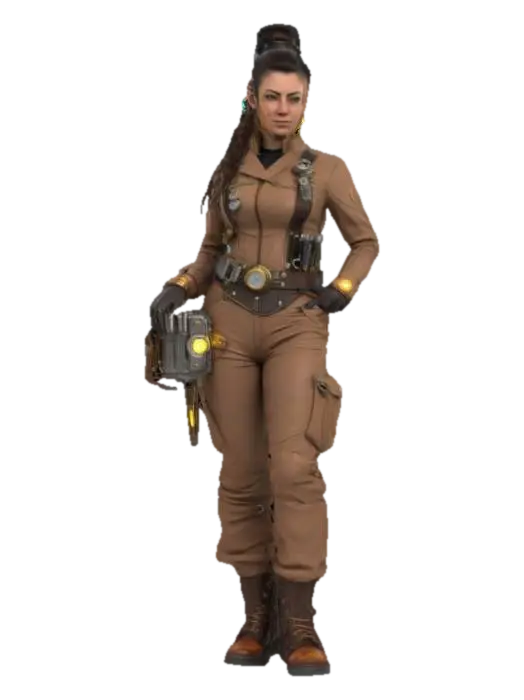 Modello 3D Hyperrealistic 3D model of a fantasy steampunk female technologist in a…, generato dall’IA