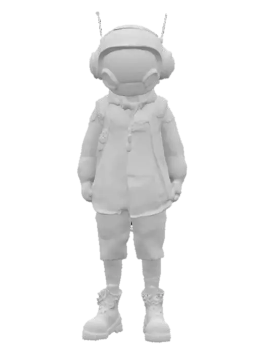 3D model for Ultra-detailed 3D model of a young adventurer child in retro-futuristic gear. Wears a large, weathered orange space helmet with metallic components, antennae, and visible wear. Outfit includes a tan jacket, dark rolled-up pants, and rugged brown boots with laces and layered socks. Carries a large, vintage leather backpack with buckles and gear attachments. Pose is relaxed with hands in pockets, facing sideways. Style blends steampunk, sci-fi, and explorer aesthetics. 8K PBR textures for metal, leather, fabric, and skin. Clean UVs, watertight mesh, ideal for animation, cinematic scenes, and stylized adventure games.