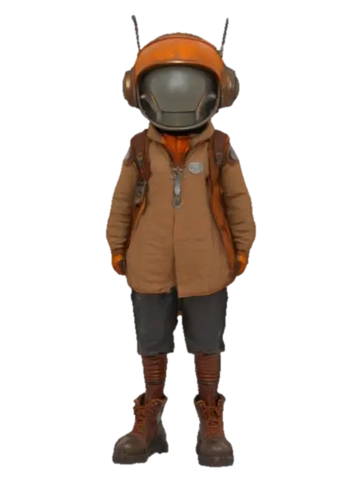 3D model for Ultra-detailed 3D model of a young adventurer child in retro-futuristic gear. Wears a large, weathered orange space helmet with metallic components, antennae, and visible wear. Outfit includes a tan jacket, dark rolled-up pants, and rugged brown boots with laces and layered socks. Carries a large, vintage leather backpack with buckles and gear attachments. Pose is relaxed with hands in pockets, facing sideways. Style blends steampunk, sci-fi, and explorer aesthetics. 8K PBR textures for metal, leather, fabric, and skin. Clean UVs, watertight mesh, ideal for animation, cinematic scenes, and stylized adventure games.