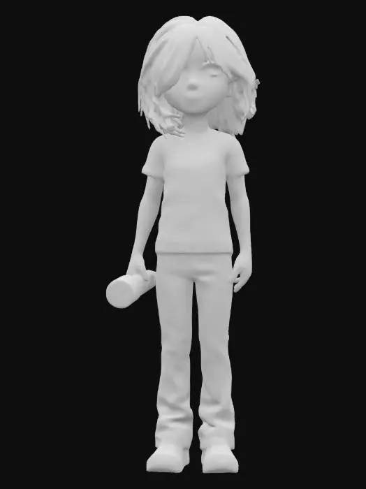 3D model for Ultra-detailed 3D model of a young girl (around 13) in a post-apocalyptic setting inspired by The Last of Us. She has pale skin, messy dark brown hair tied loosely, and a serious, focused expression. Wears a light brown t-shirt, slightly torn and weathered, and dark rugged pants with visible dirt and wear. She stands in a cinematic pose, facing forward, holding a flashlight in one hand casting soft directional light. Background suggests a ruined interior or overgrown urban decay. Emphasis on facial realism, expression, and texture detail. 8K PBR textures, clean UVs, optimized for animation and game use.