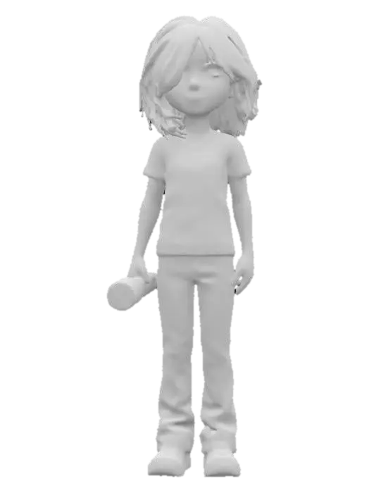 3D model for Ultra-detailed 3D model of a young girl (around 13) in a post-apocalyptic setting inspired by The Last of Us. She has pale skin, messy dark brown hair tied loosely, and a serious, focused expression. Wears a light brown t-shirt, slightly torn and weathered, and dark rugged pants with visible dirt and wear. She stands in a cinematic pose, facing forward, holding a flashlight in one hand casting soft directional light. Background suggests a ruined interior or overgrown urban decay. Emphasis on facial realism, expression, and texture detail. 8K PBR textures, clean UVs, optimized for animation and game use.