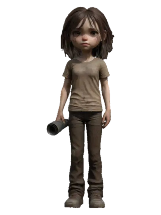 3D model for Ultra-detailed 3D model of a young girl (around 13) in a post-apocalyptic setting inspired by The Last of Us. She has pale skin, messy dark brown hair tied loosely, and a serious, focused expression. Wears a light brown t-shirt, slightly torn and weathered, and dark rugged pants with visible dirt and wear. She stands in a cinematic pose, facing forward, holding a flashlight in one hand casting soft directional light. Background suggests a ruined interior or overgrown urban decay. Emphasis on facial realism, expression, and texture detail. 8K PBR textures, clean UVs, optimized for animation and game use.