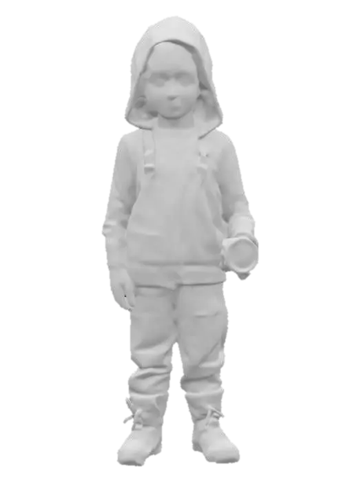 3D model for Ultra-detailed 3D model of a young boy (around 13) in a post-apocalyptic setting inspired by The Last of Us. He has light skin, short dark brown hair mostly hidden under a weathered hood, and a serious, alert expression. Wears a light brown hoodie with visible wear and dirt, and rugged dark pants with torn edges and stains. He stands in a cinematic pose, facing forward, holding a flashlight in one hand casting soft directional light. The background suggests a decaying interior or overgrown city ruins. High realism focus on facial features, clothing texture, and storytelling. 8K PBR textures, clean UVs, game-ready.