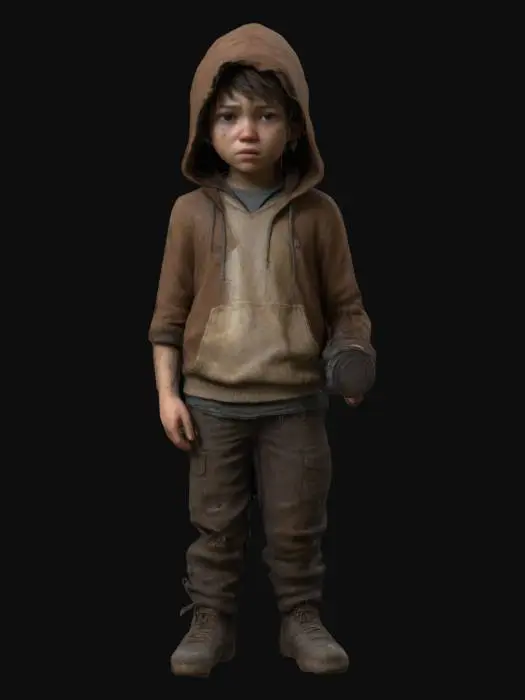 3D model for Ultra-detailed 3D model of a young boy (around 13) in a post-apocalyptic setting inspired by The Last of Us. He has light skin, short dark brown hair mostly hidden under a weathered hood, and a serious, alert expression. Wears a light brown hoodie with visible wear and dirt, and rugged dark pants with torn edges and stains. He stands in a cinematic pose, facing forward, holding a flashlight in one hand casting soft directional light. The background suggests a decaying interior or overgrown city ruins. High realism focus on facial features, clothing texture, and storytelling. 8K PBR textures, clean UVs, game-ready.